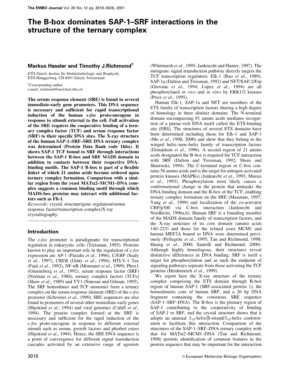 The B-Box Dominates SAP-1±SRF Interactions in the Structure of the Ternary Complex