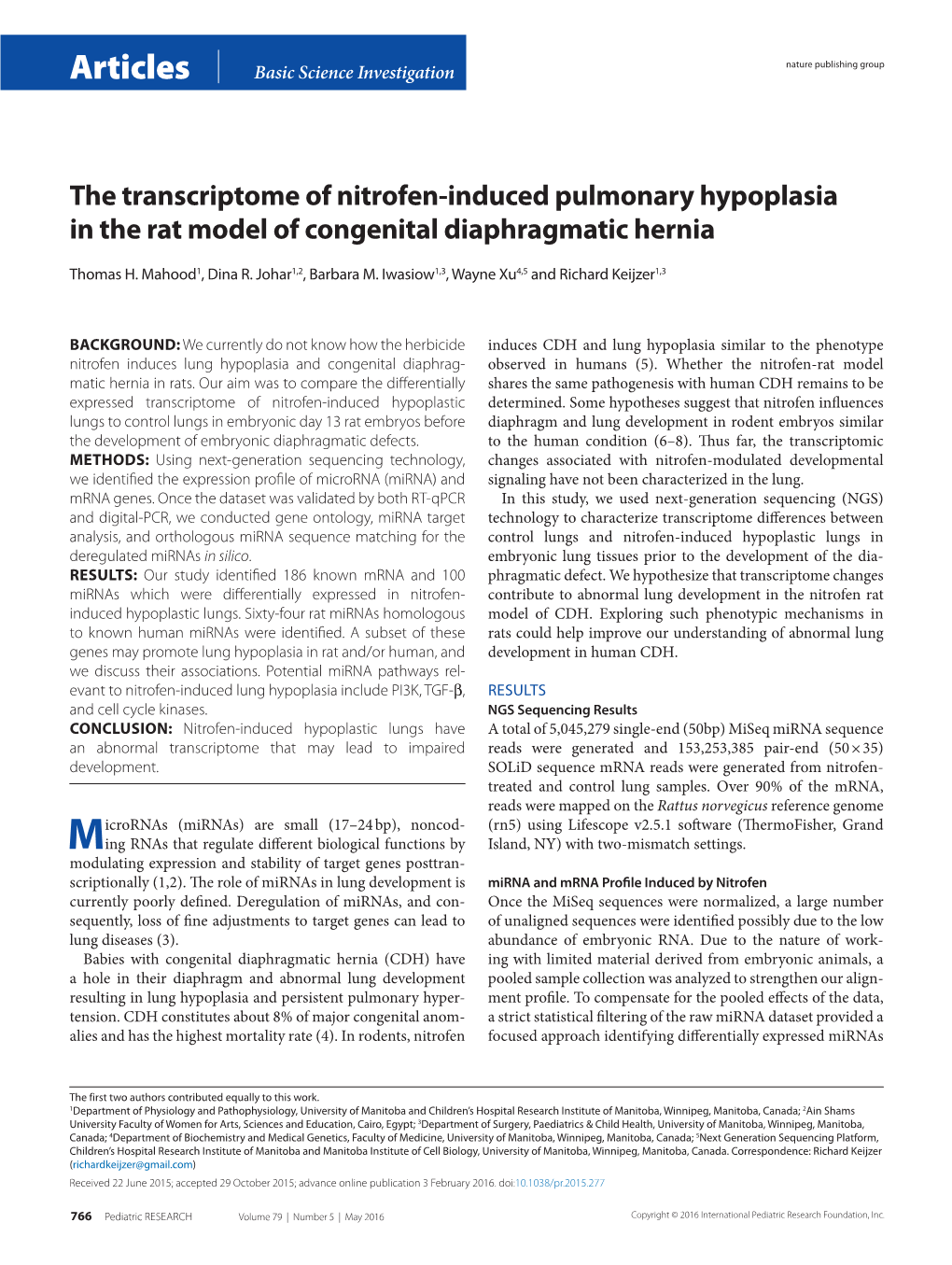 The Transcriptome of Nitrofen-Induced Pulmonary Hypoplasia in the Rat Model of Congenital Diaphragmatic Hernia