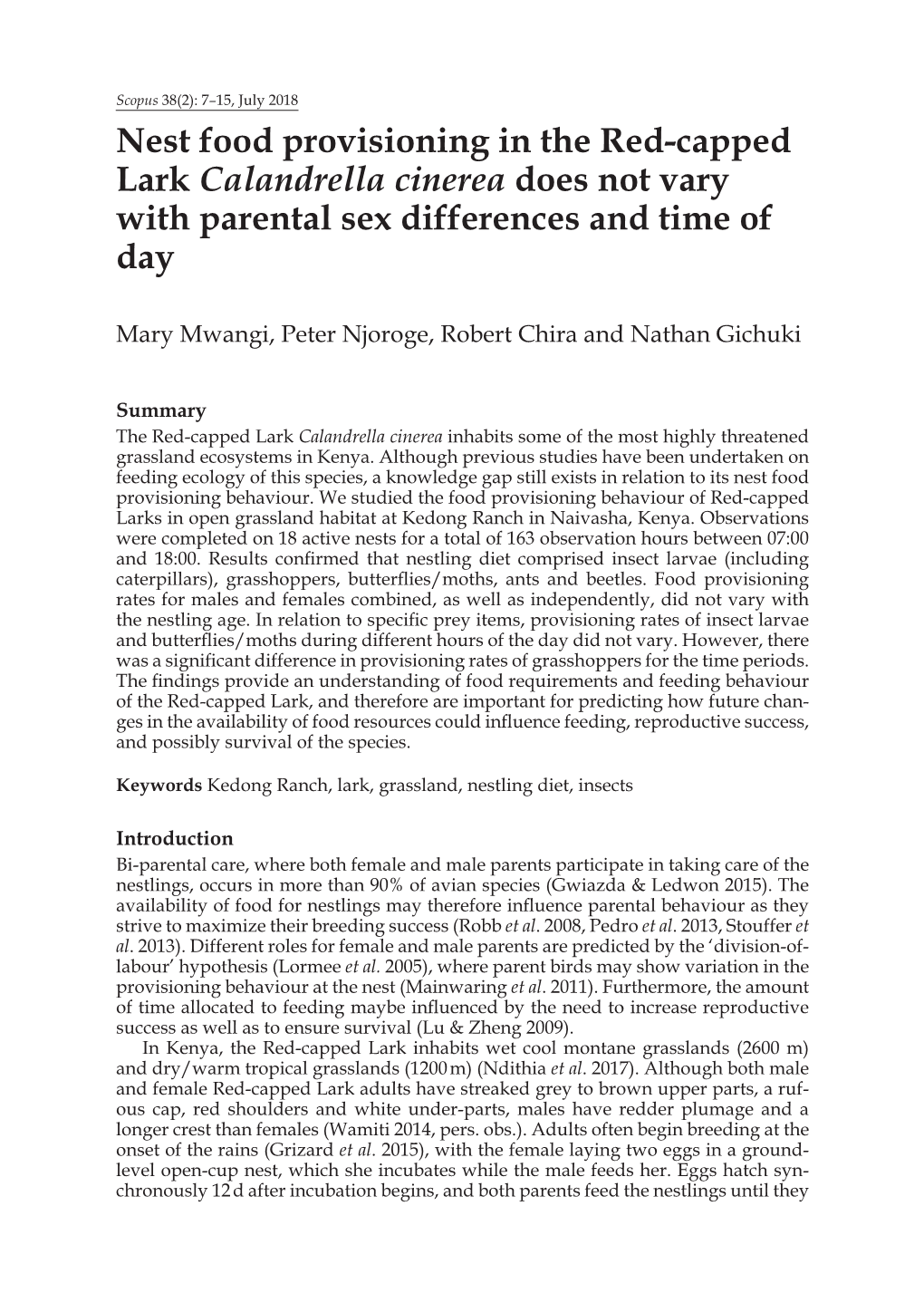 Nest Food Provisioning in the Red-Capped Lark Calandrella Cinerea Does Not Vary with Parental Sex Differences and Time of Day