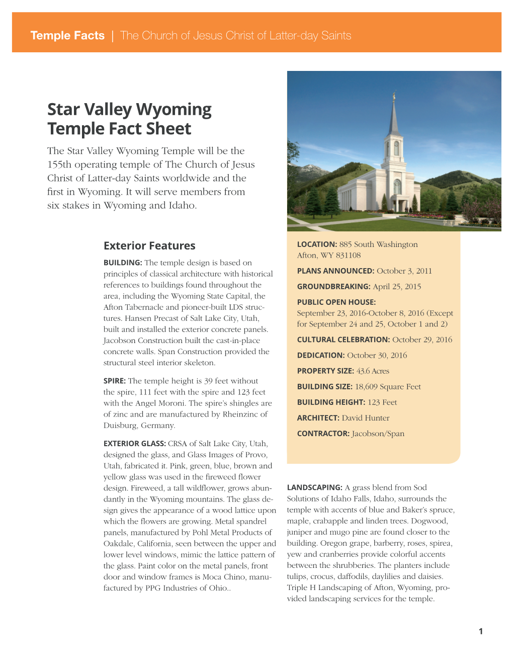 Star Valley Wyoming Temple Fact Sheet