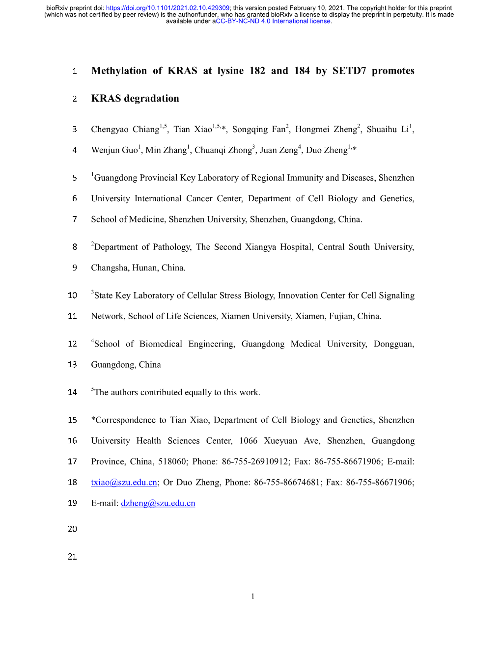 Methylation of KRAS at Lysine 182 and 184 by SETD7 Promotes