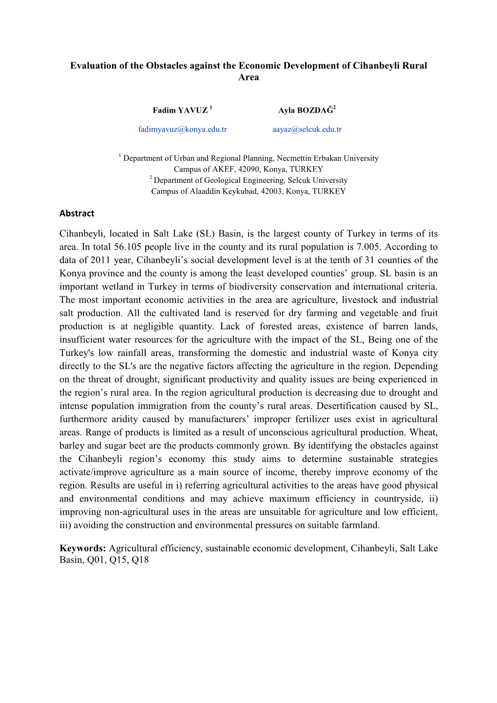 Evaluation of the Obstacles Against the Economic Development of Cihanbeyli Rural Area