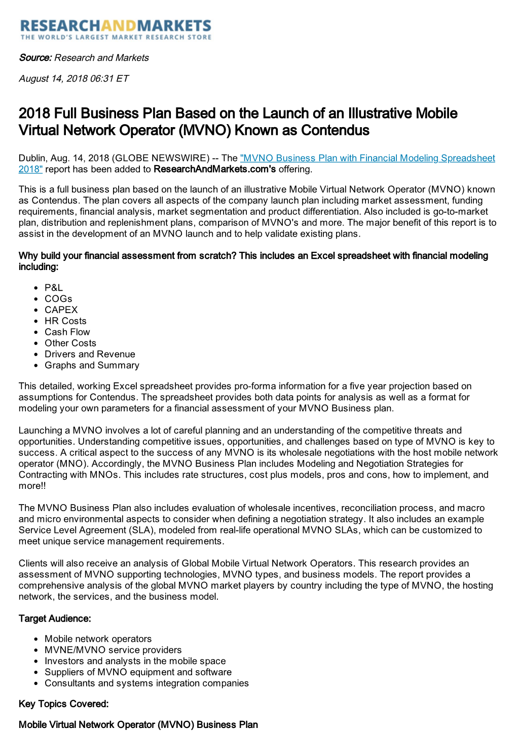 2018 Full Business Plan Based on the Launch of an Illustrative Mobile Virtual Network Operator (MVNO) Known As Contendus