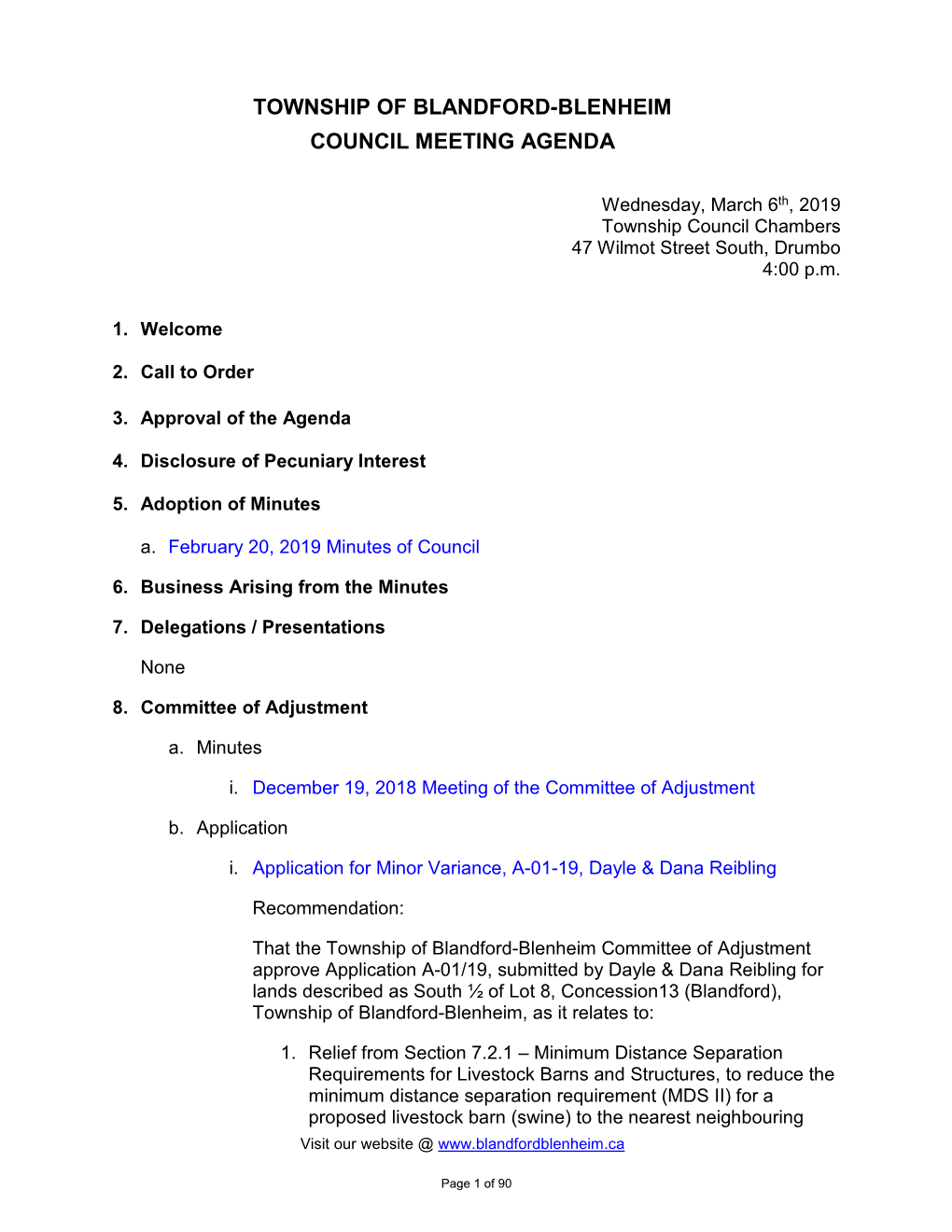 Township of Blandford-Blenheim Council Meeting Agenda