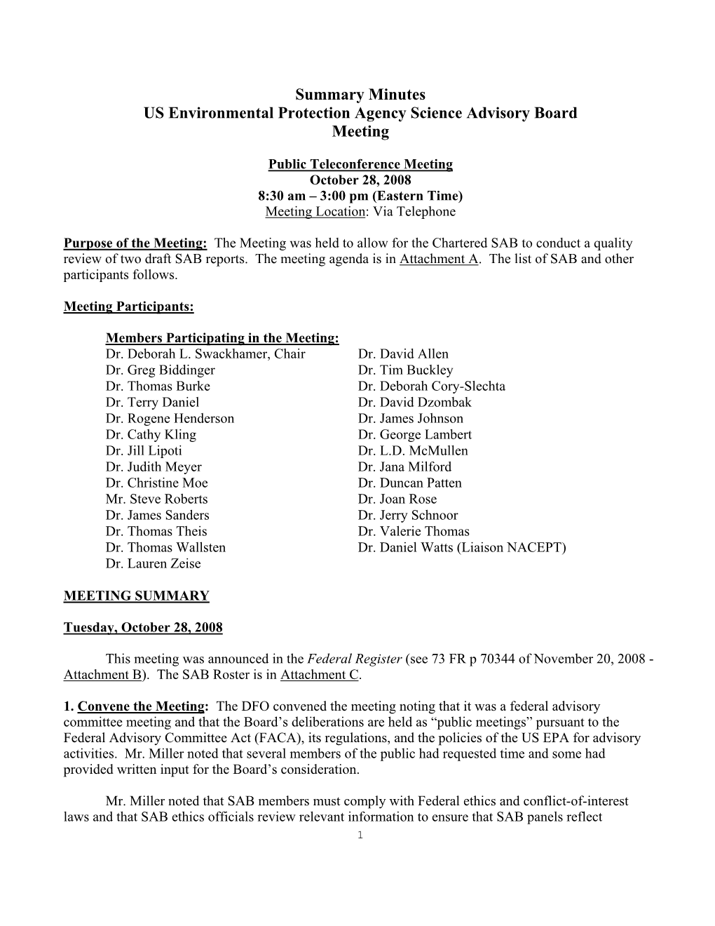 Summary Minutes of EPA Science Advisory Board October 28, 2008