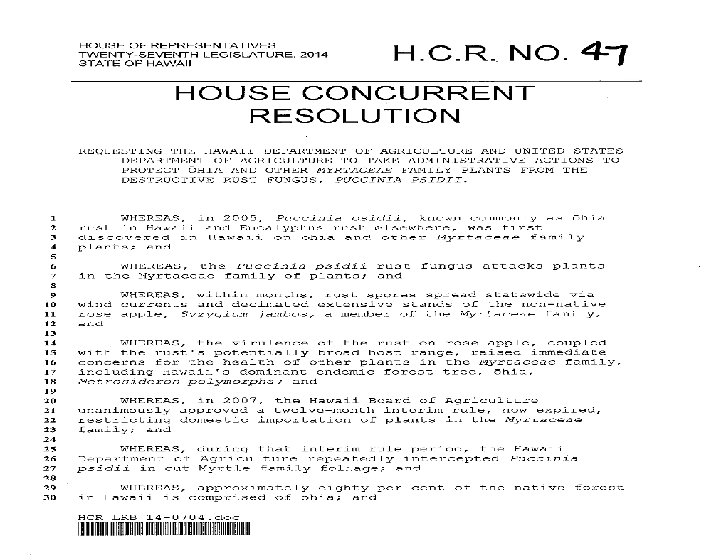 2014 HCR47 Requesting HDOA and USDA Act to Protect