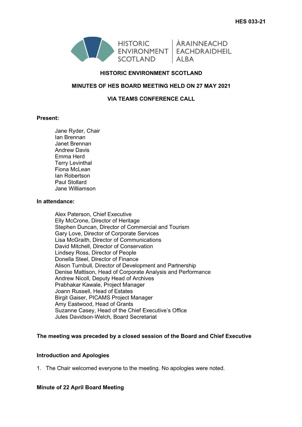 Minutes of Hes Board Meeting Held on 27 May 2021