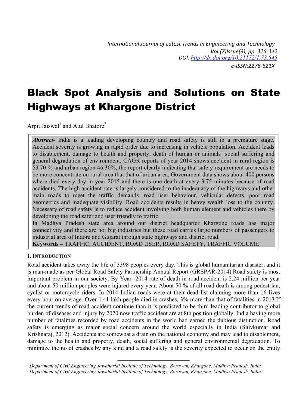 Black Spot Analysis and Solutions on State Highways at Khargone District