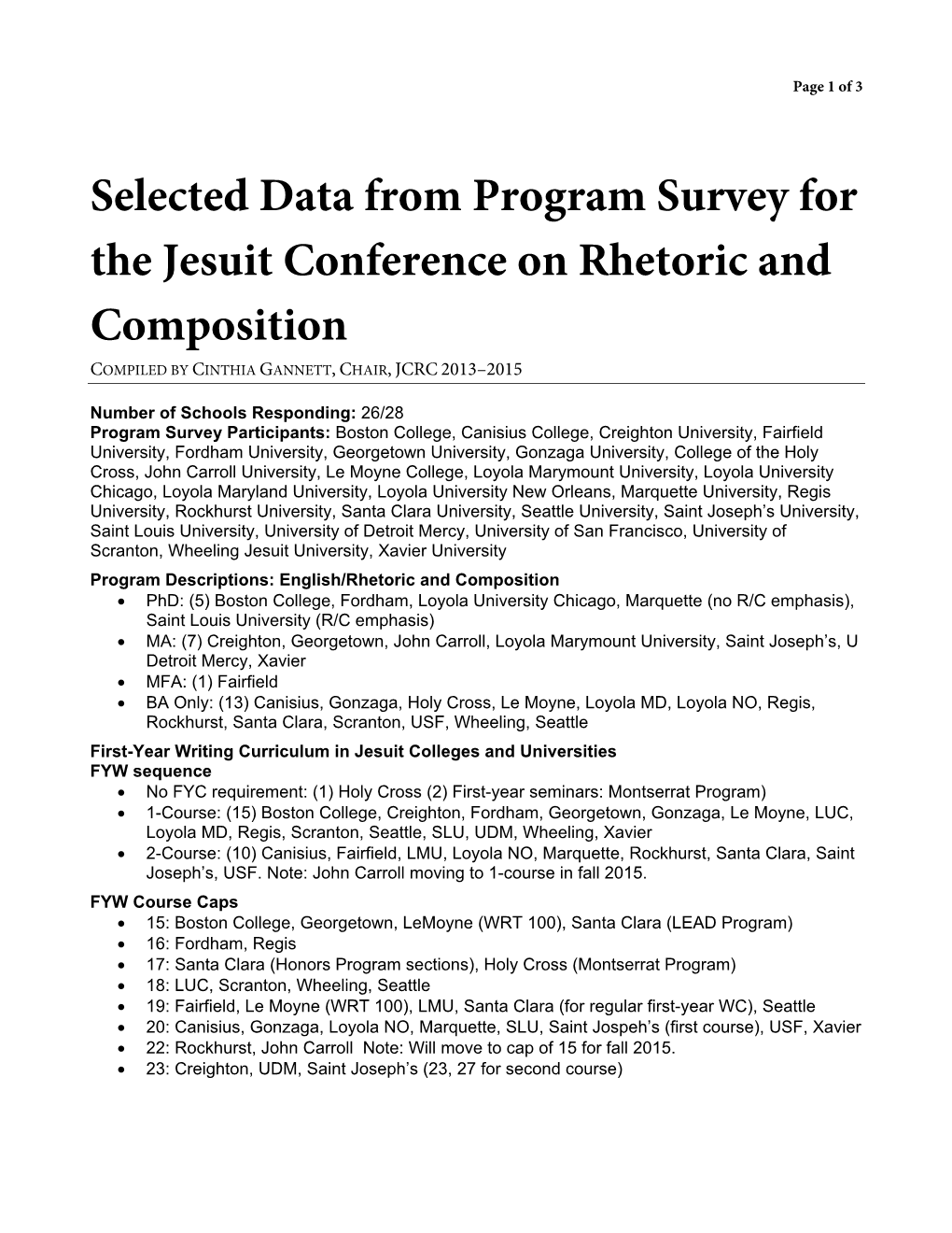 Selected Data from Program Survey for the Jesuit Conference on Rhetoric and Composition COMPILED by CINTHIA GANNETT, CHAIR, JCRC 2013–2015