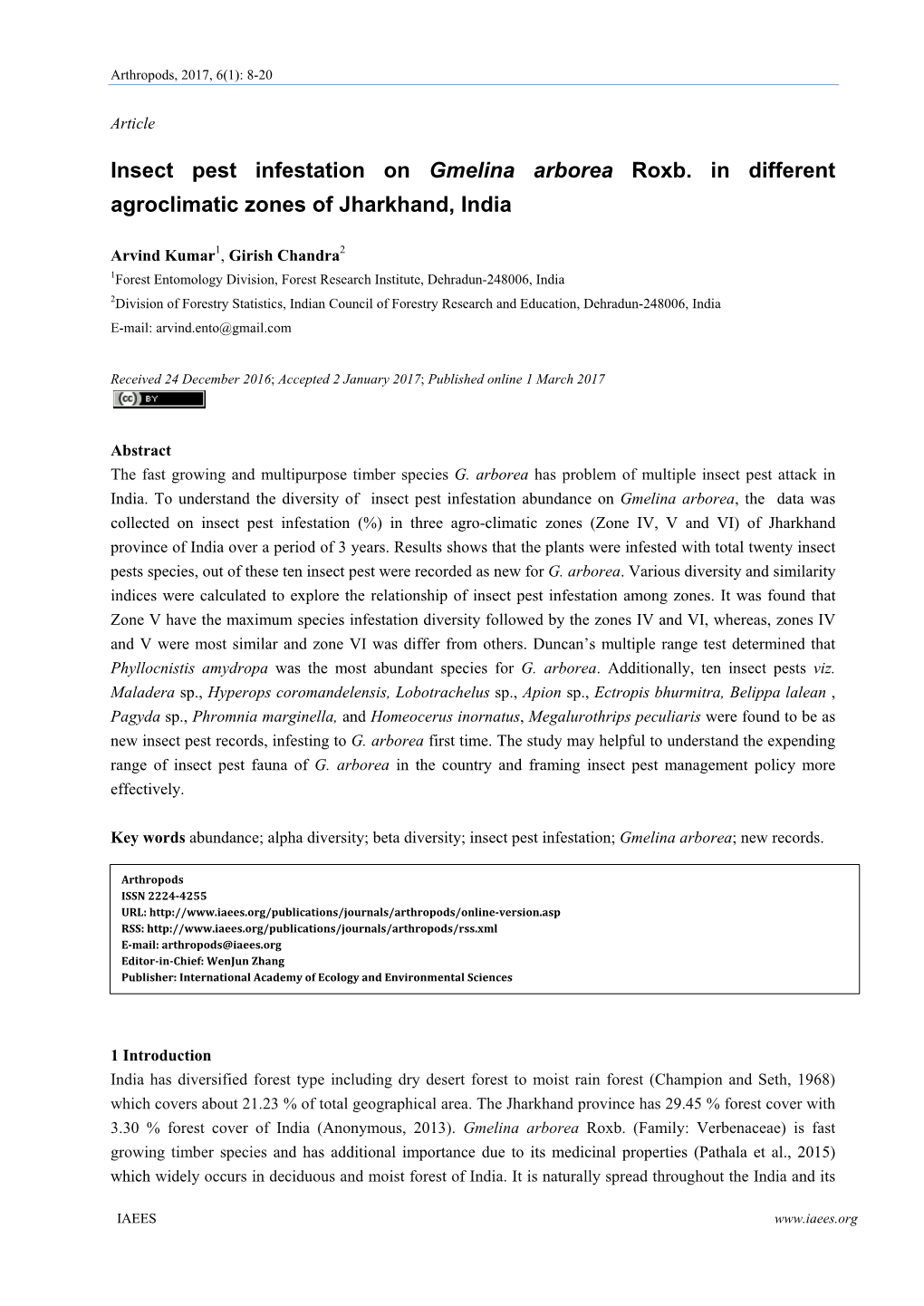 Insect Pest Infestation on Gmelina Arborea Roxb. in Different Agroclimatic Zones of Jharkhand, India