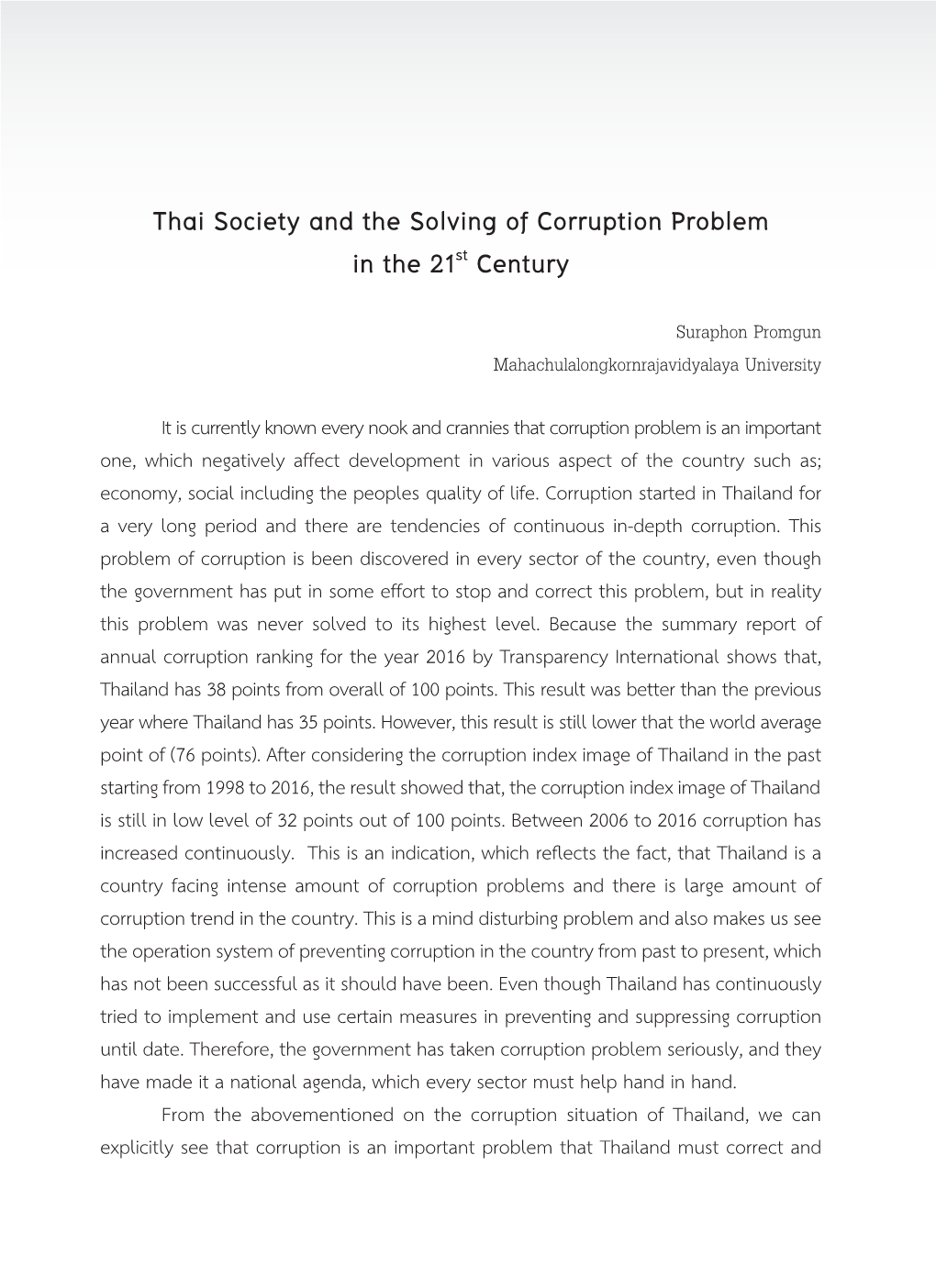 Thai Society and the Solving of Corruption Problem in the 21St Century