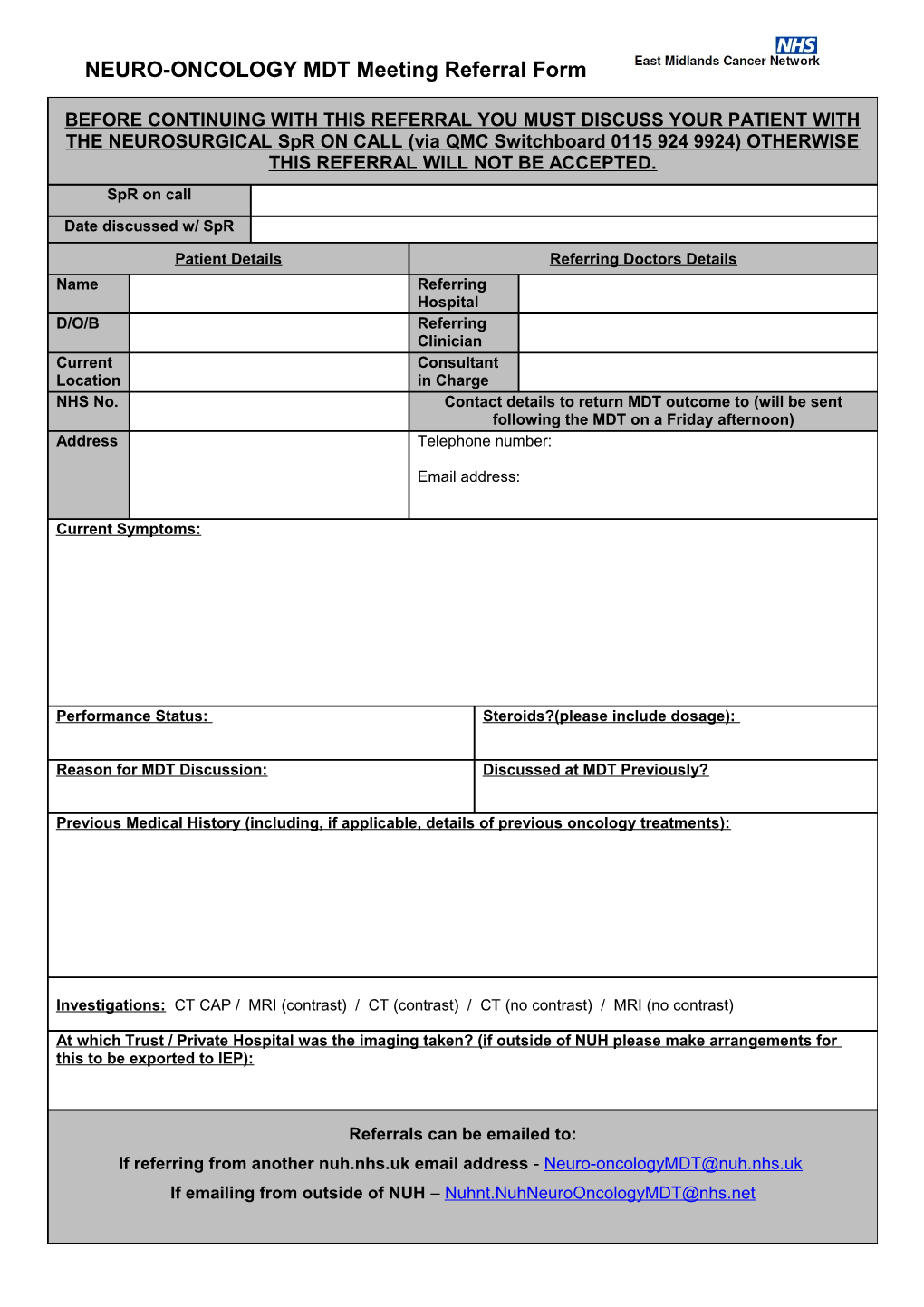 Urological Cancers SMDT Meeting Referral Form