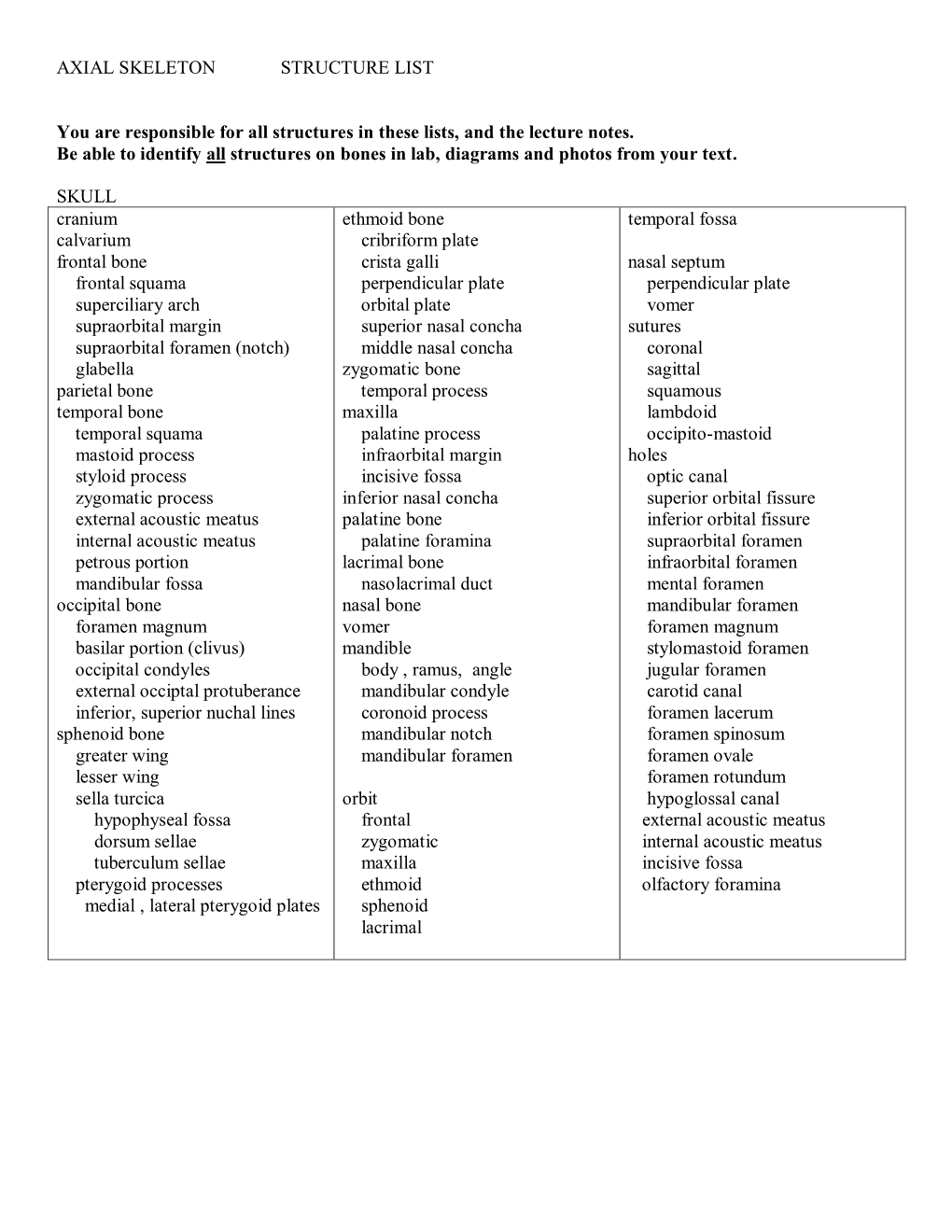 Axial Skeleton Structure List