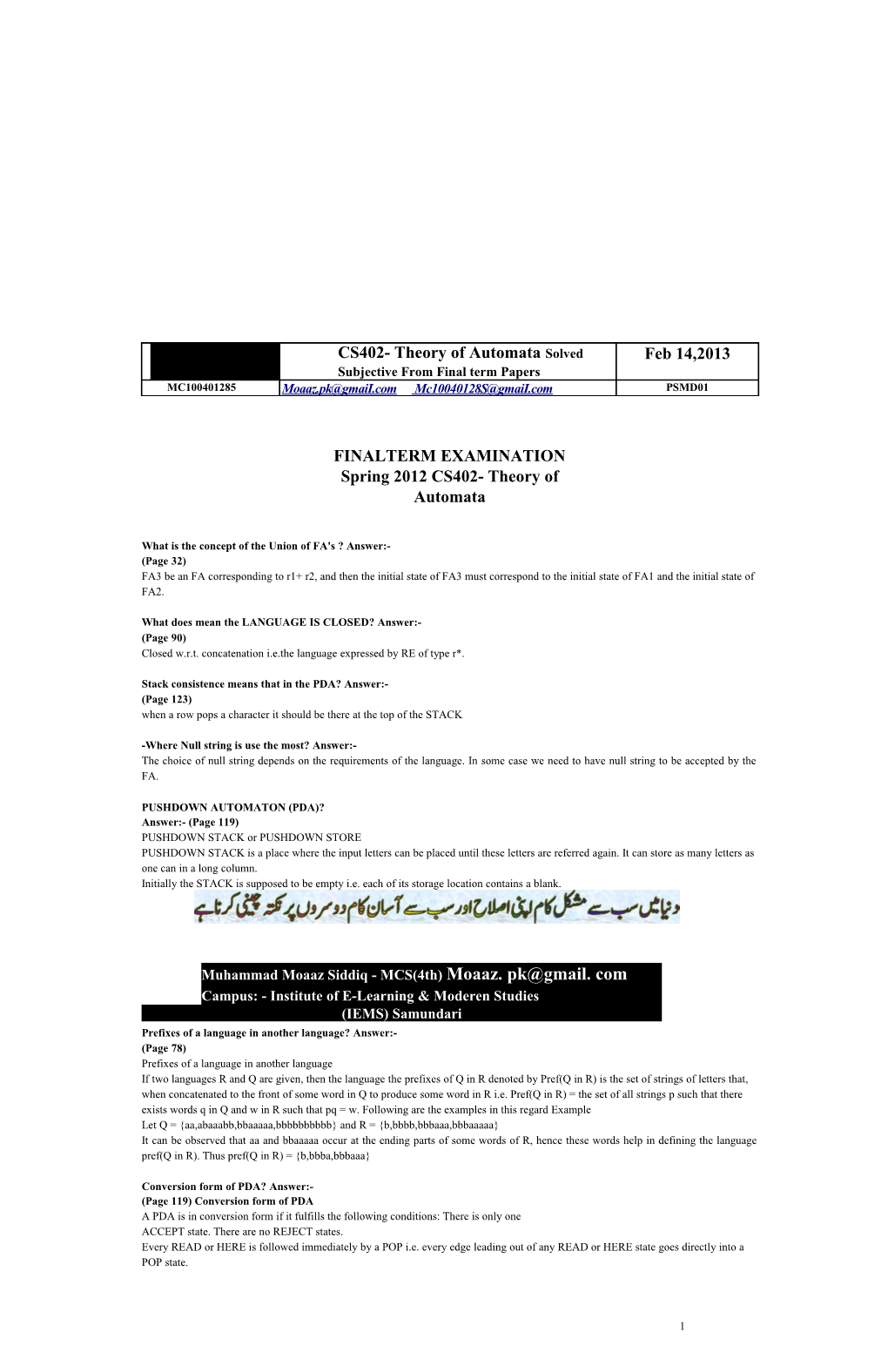 FINALTERM EXAMINATION Spring 2012 CS402- Theory of Automata