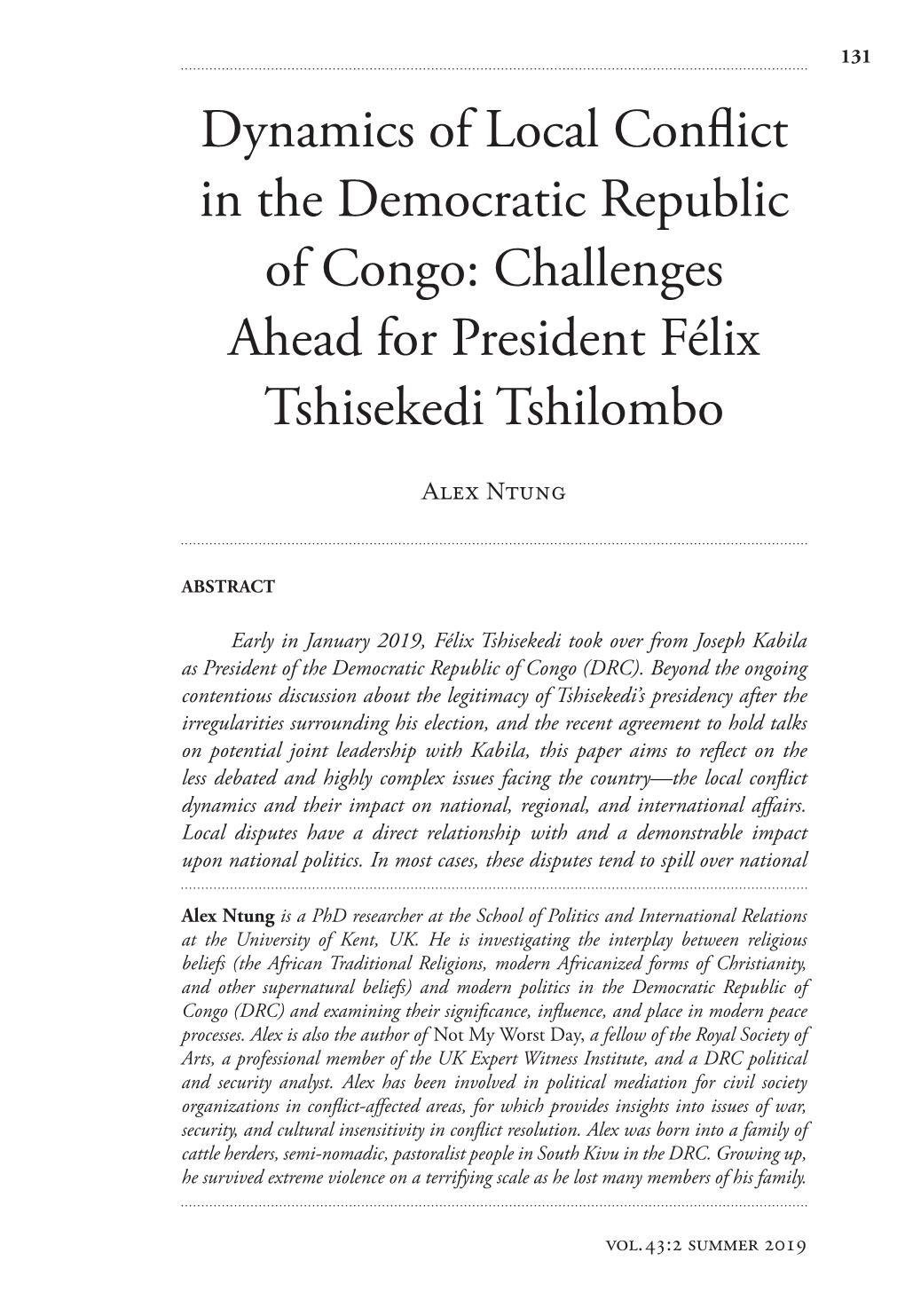 Dynamics of Local Conflict in the Democratic Republic of Congo: Challenges Ahead for President Félix Tshisekedi Tshilombo