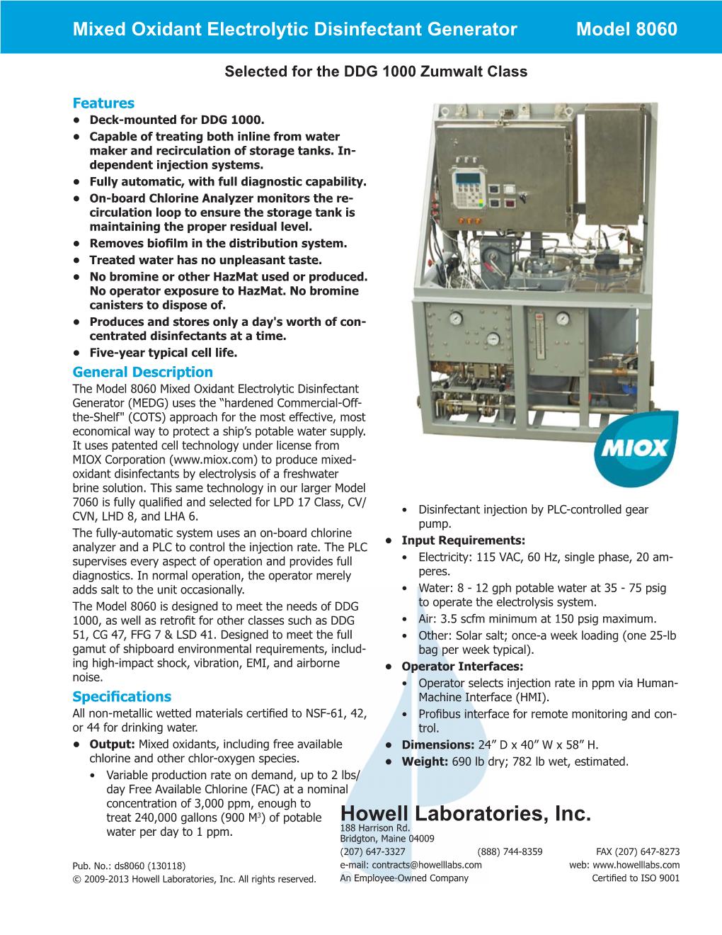 Mixed Oxidant Electrolytic Disinfectant Generator Model 8060
