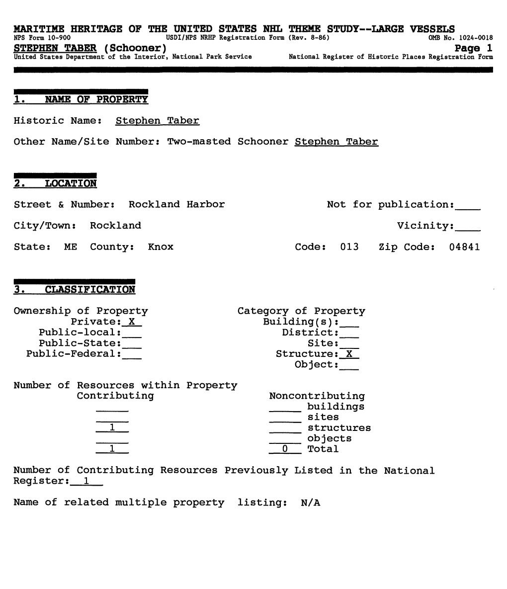 STEPHEN TABER (Schooner) Page 1 United States Department of the Interior, National Park Service National Register of Historic Places Registration Form