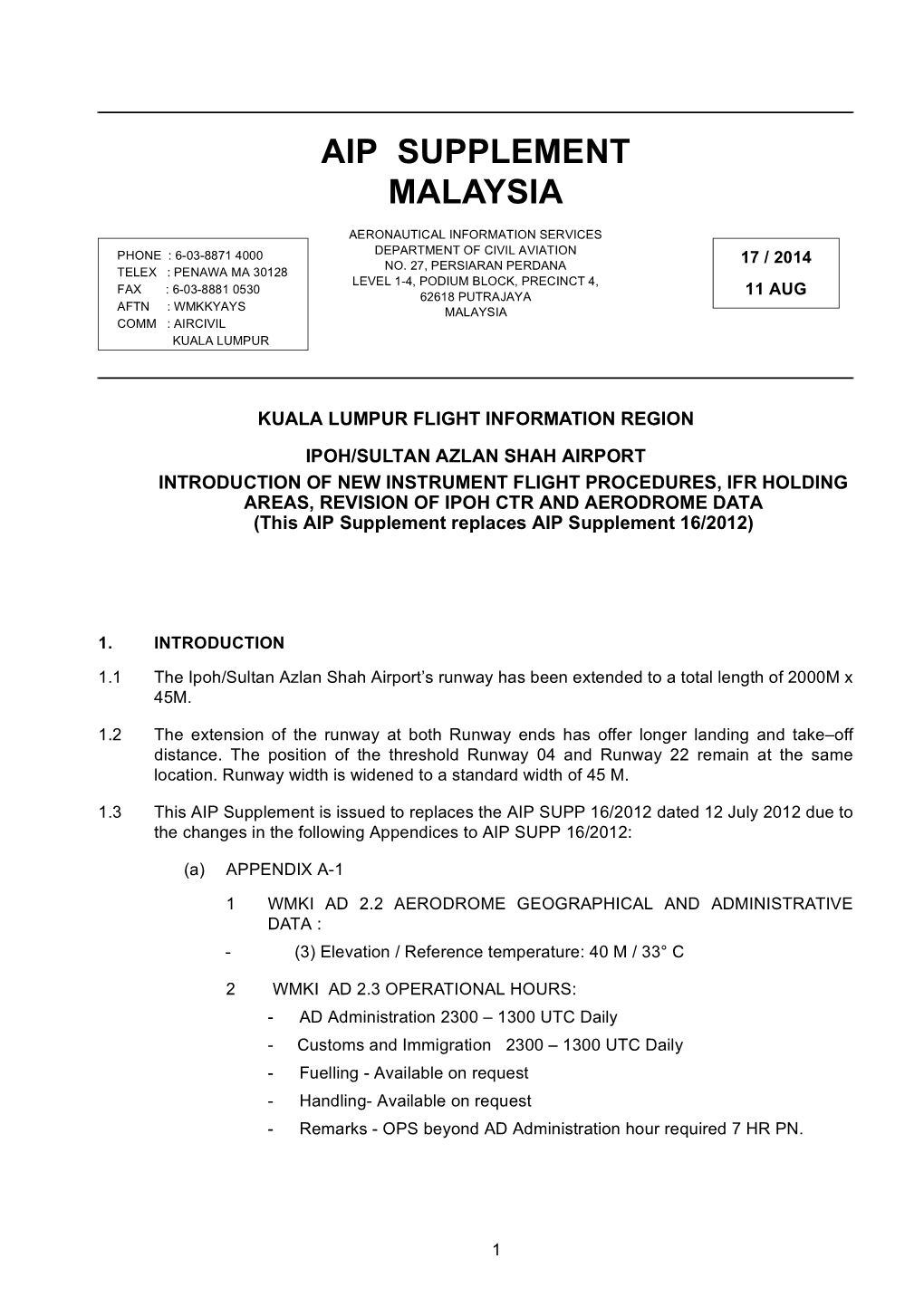 Ipoh / Sultan Azlan Shah Airport in AIP Malaysia Are Superseded and Withdrawn