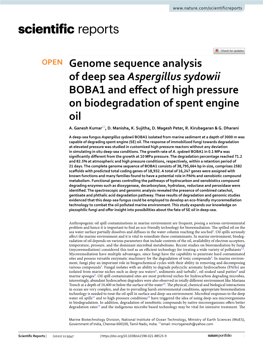 Genome Sequence Analysis of Deep Sea Aspergillus Sydowii BOBA1 and Efect of High Pressure on Biodegradation of Spent Engine Oil A