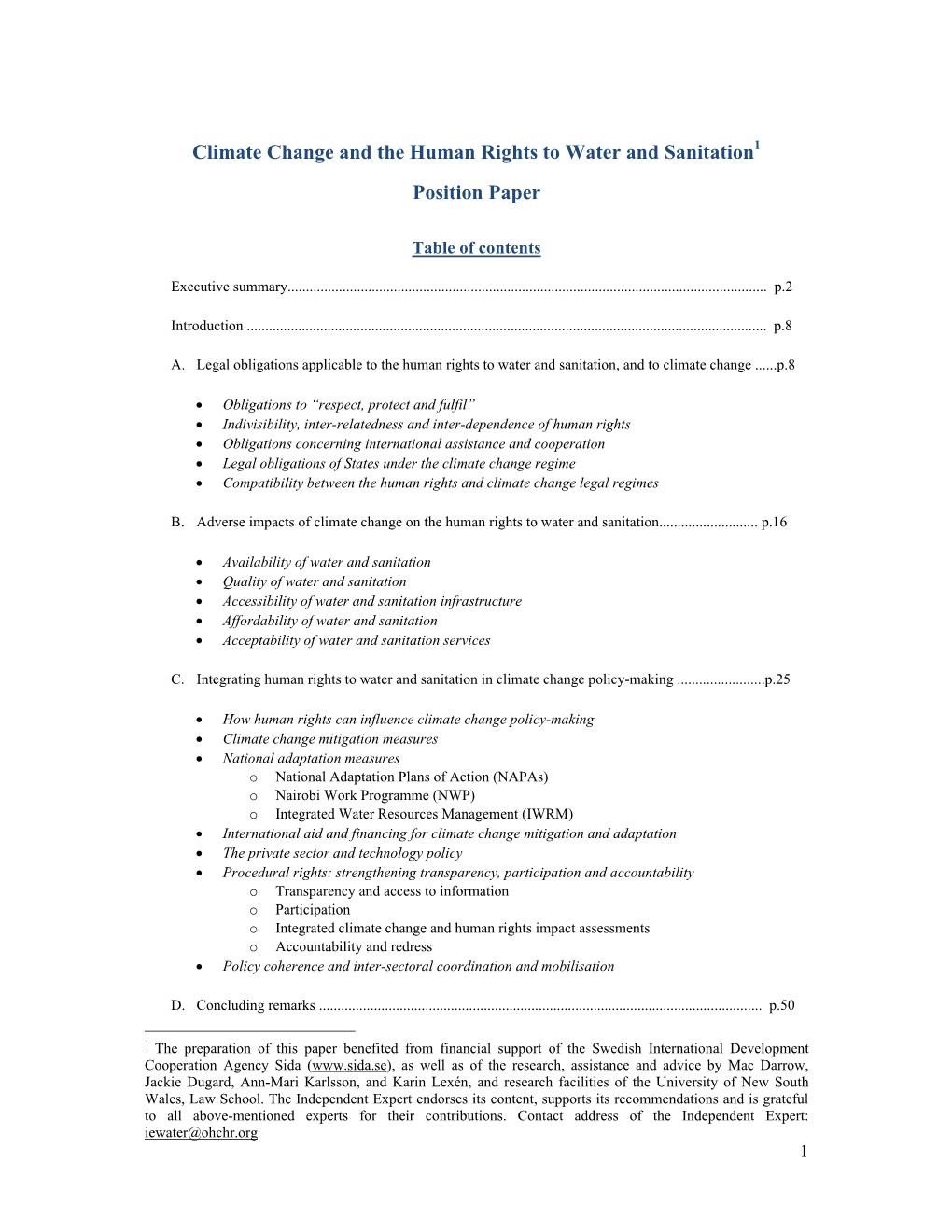 Climate Change and the Human Rights to Water and Sanitation1