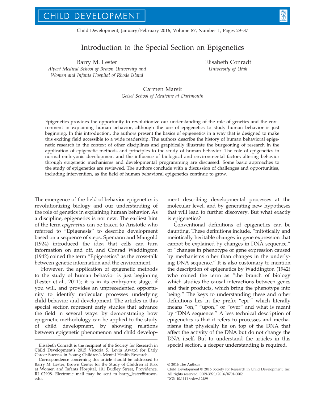 Introduction to the Special Section on Epigenetics