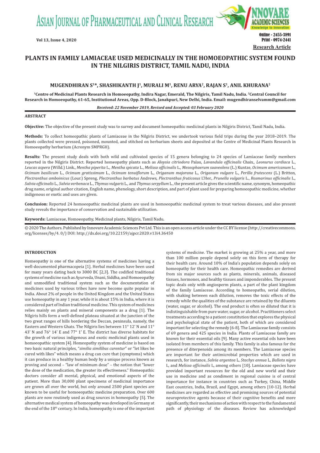 Plants in Family Lamiaceae Used Medicinally in the Homoeopathic System Found in the Nilgiris District, Tamil Nadu, India