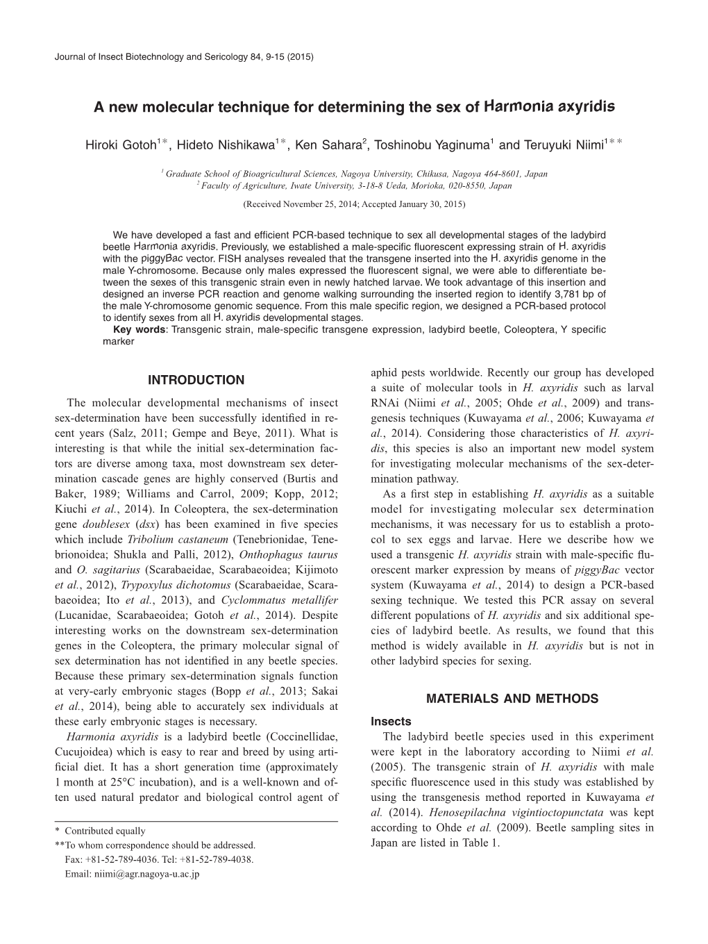 A New Molecular Technique for Determining the Sex of Harmonia Axyridis