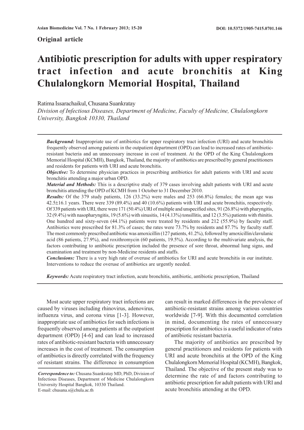 Antibiotic Prescription for Adults with Upper Respiratory Tract Infection and Acute Bronchitis at King Chulalongkorn Memorial Hospital, Thailand