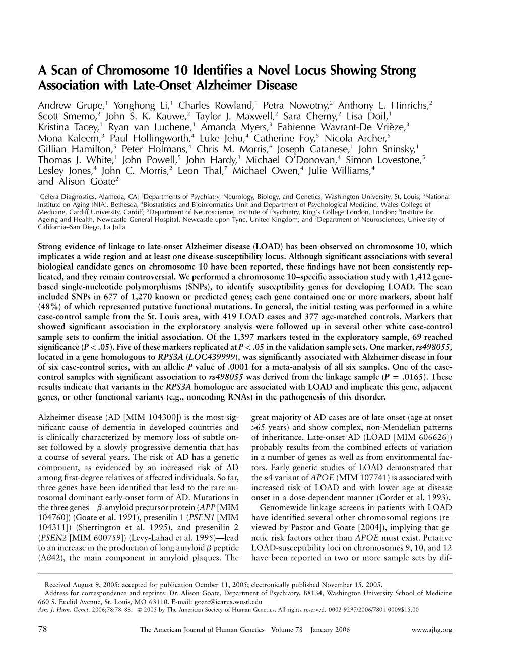 A Scan of Chromosome 10 Identifies a Novel Locus Showing Strong