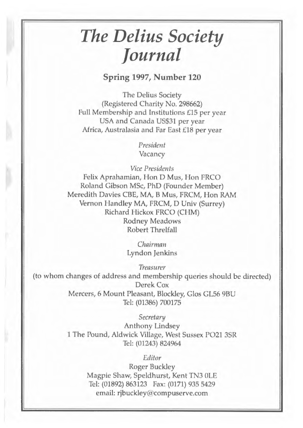 The Delius Society Journal Spring 1997, Number 120