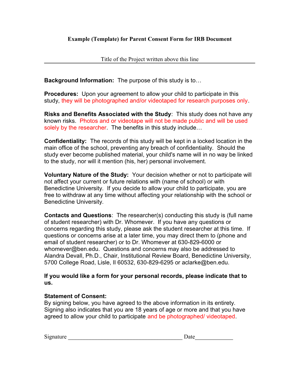 Example (Template) for Parent Consent Form for IRB Document