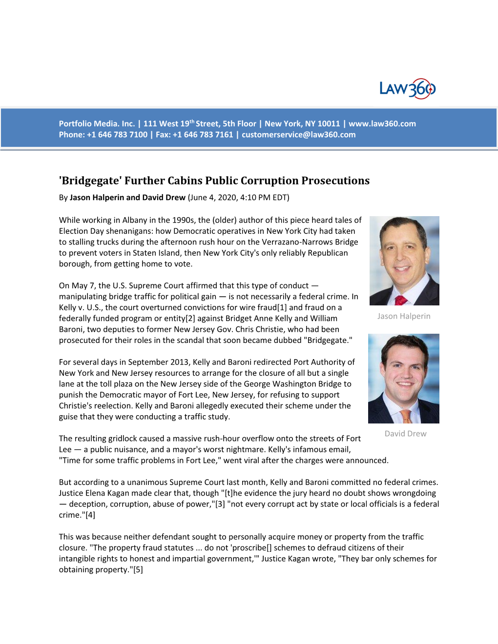 Bridgegate' Further Cabins Public Corruption Prosecutions by Jason Halperin and David Drew (June 4, 2020, 4:10 PM EDT)