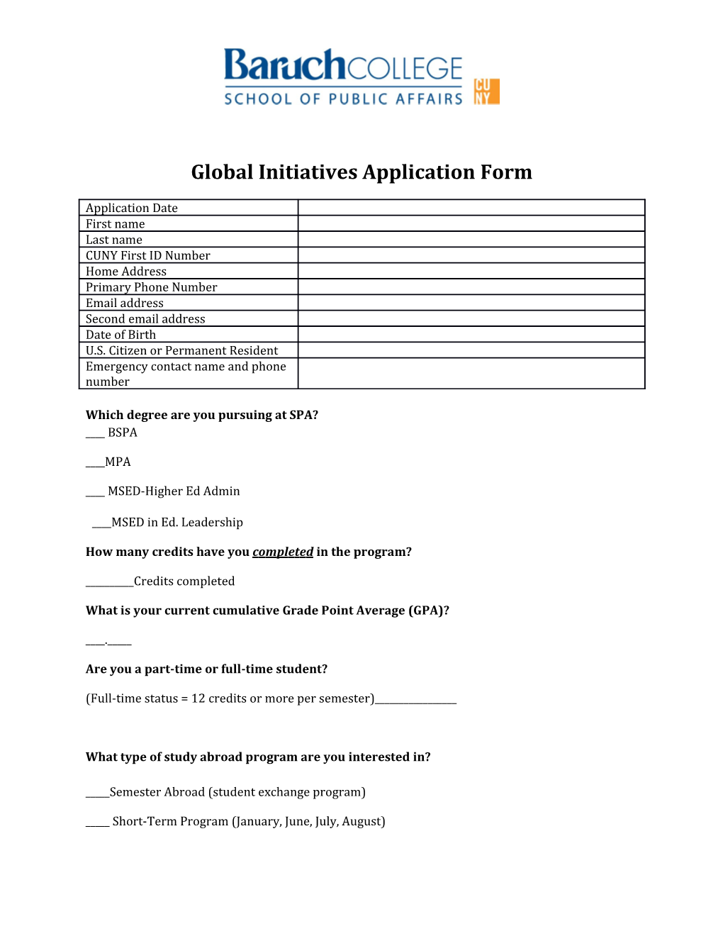 Global Initiatives Application Form