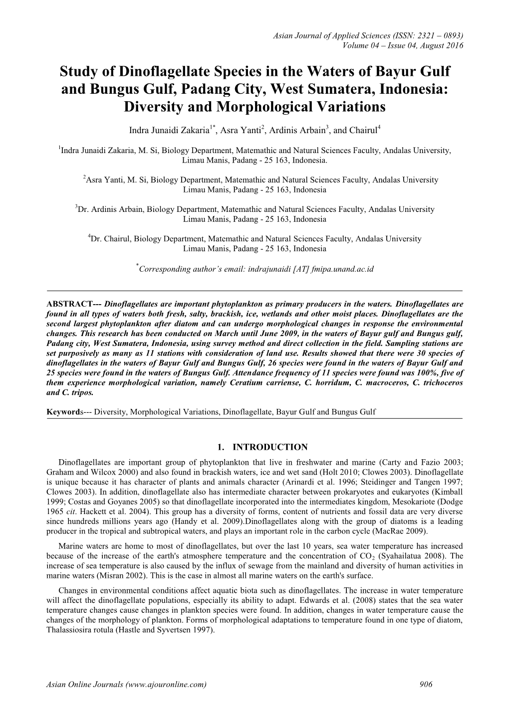 Study of Dinoflagellate Species in the Waters of Bayur Gulf and Bungus Gulf, Padang City, West Sumatera, Indonesia: Diversity and Morphological Variations