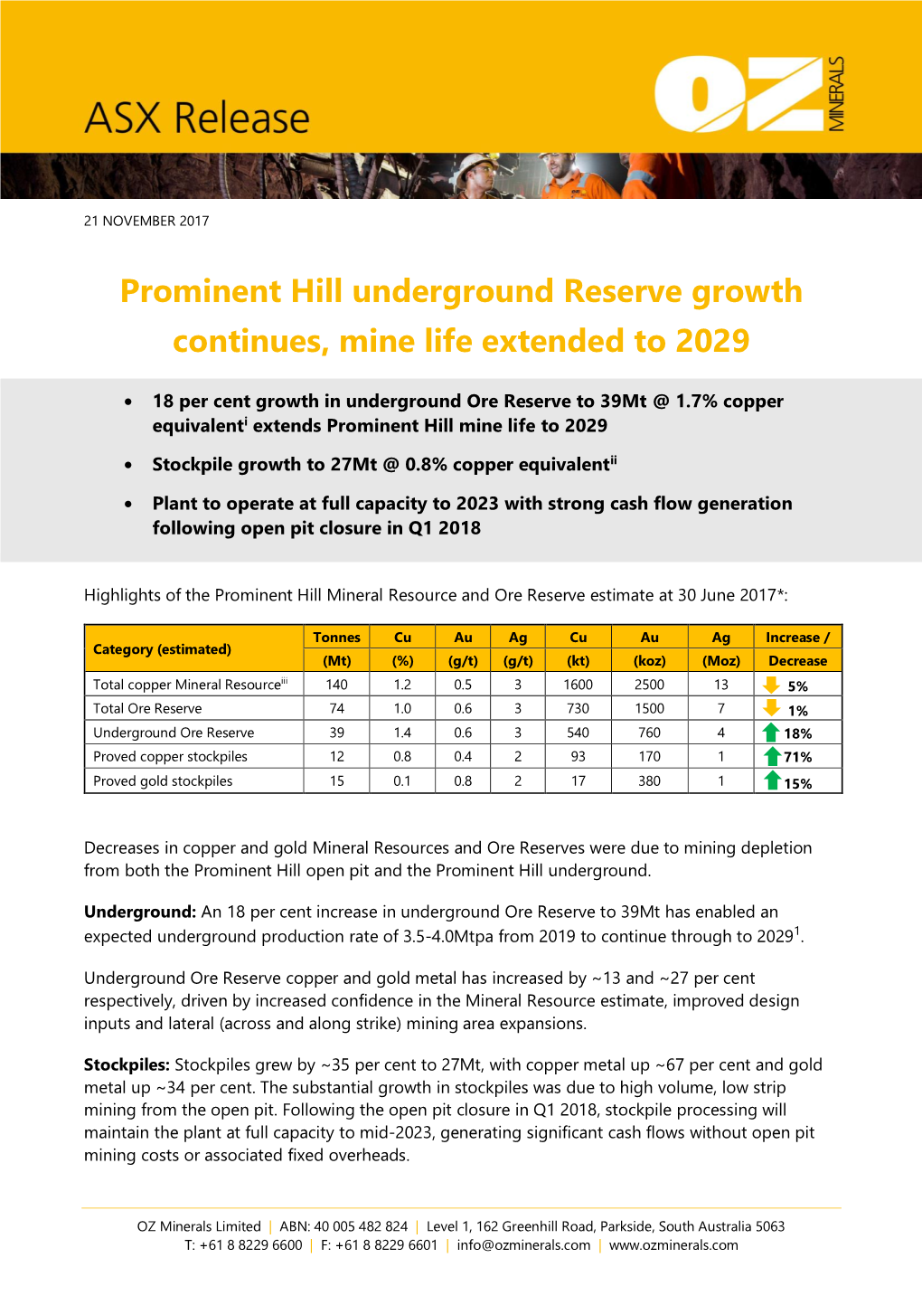 Prominent Hill Underground Reserve Growth Continues, Mine Life Extended to 2029