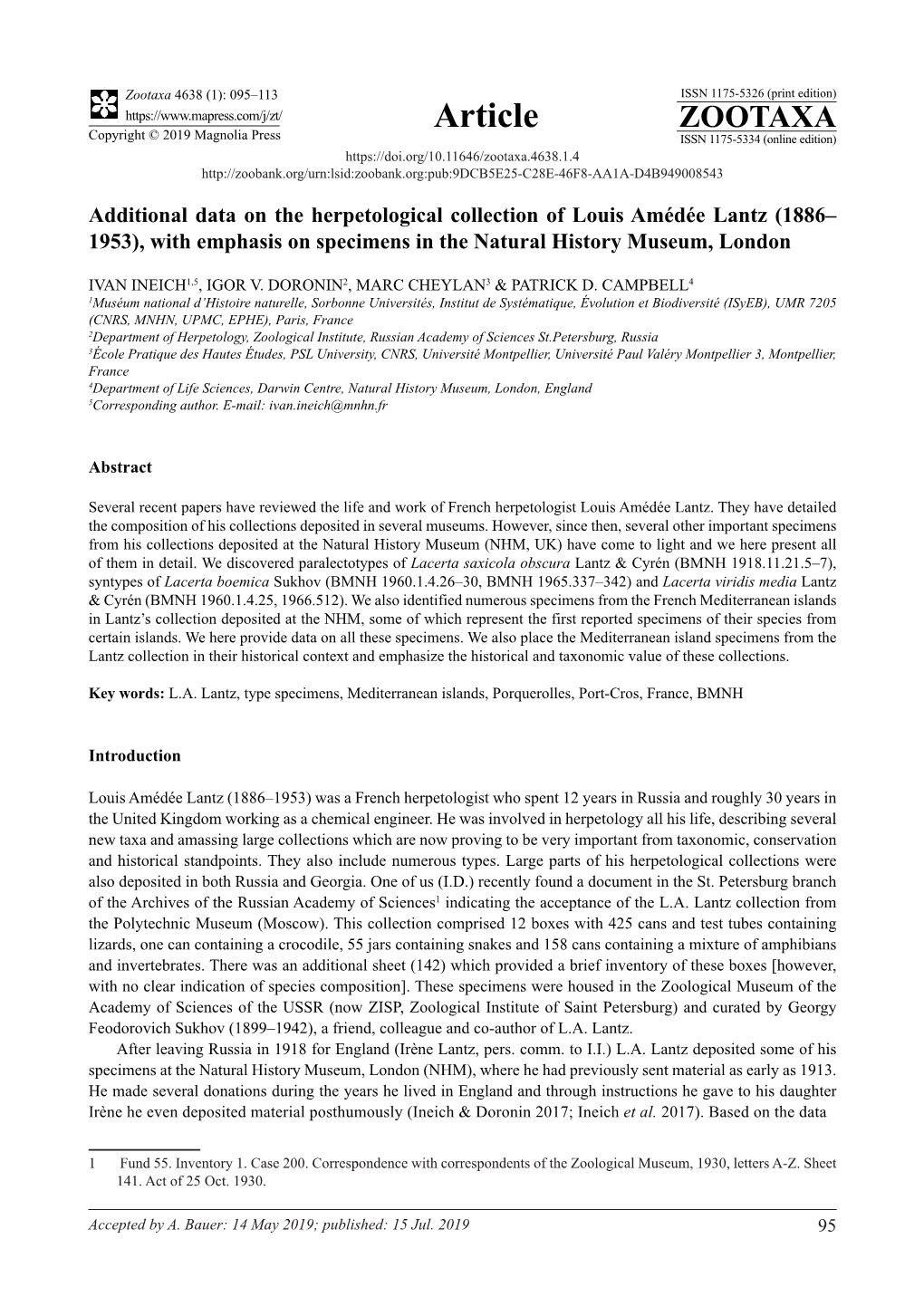 Additional Data on the Herpetological Collection of Louis Amédée Lantz (1886– 1953), with Emphasis on Specimens in the Natural History Museum, London