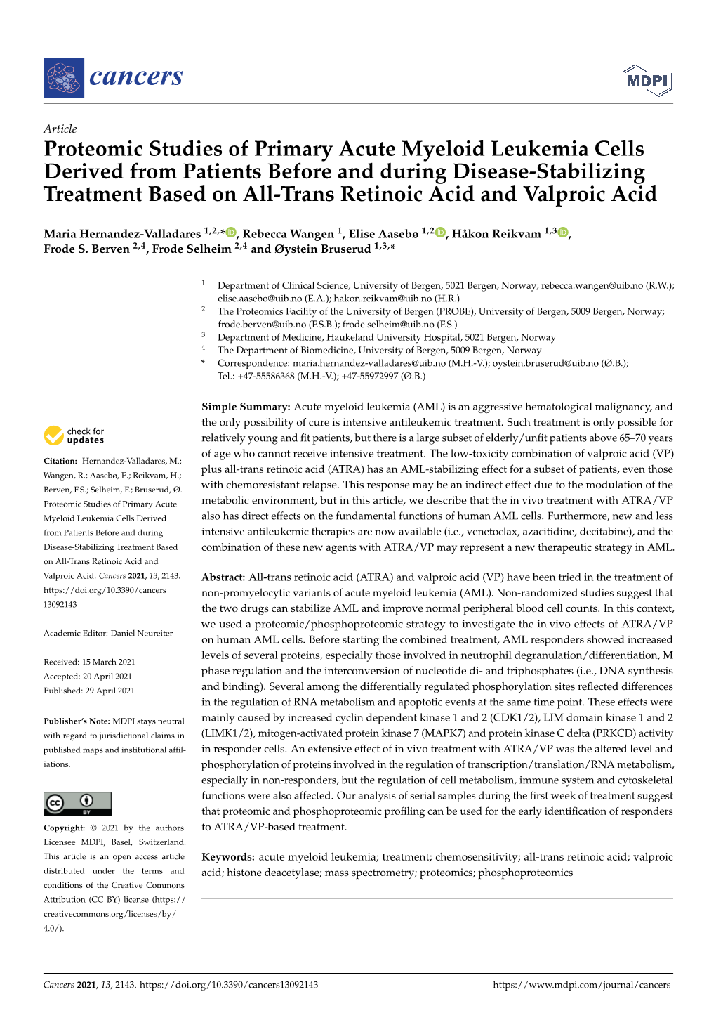 Proteomic Studies of Primary Acute Myeloid Leukemia Cells Derived