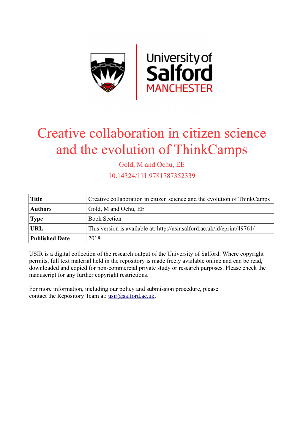 Citizen Science and the Evolution of Thinkcamps Gold, M and Ochu, EE 10.14324/111.9781787352339