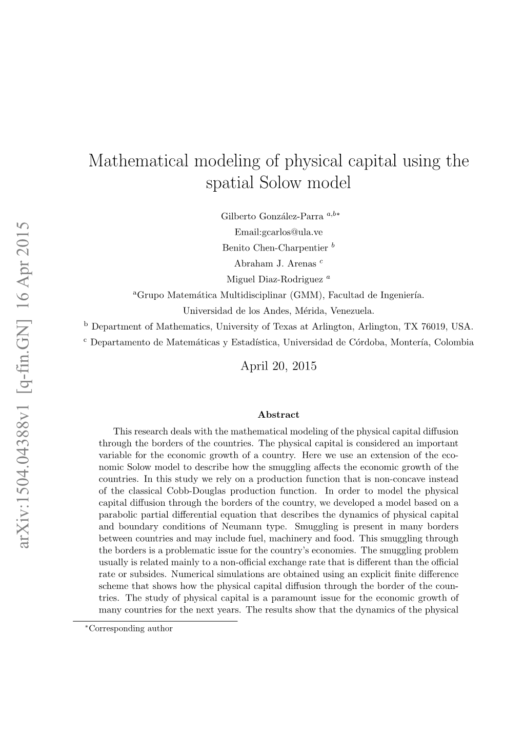 Mathematical Modeling of Physical Capital Using the Spatial Solow Model