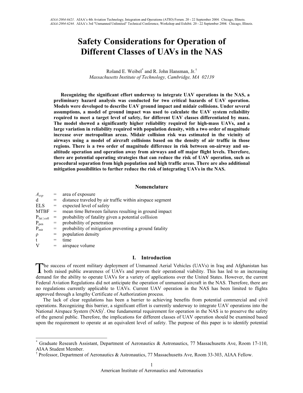 Safety Considerations for Operation of Different Classes of Uavs in the NAS