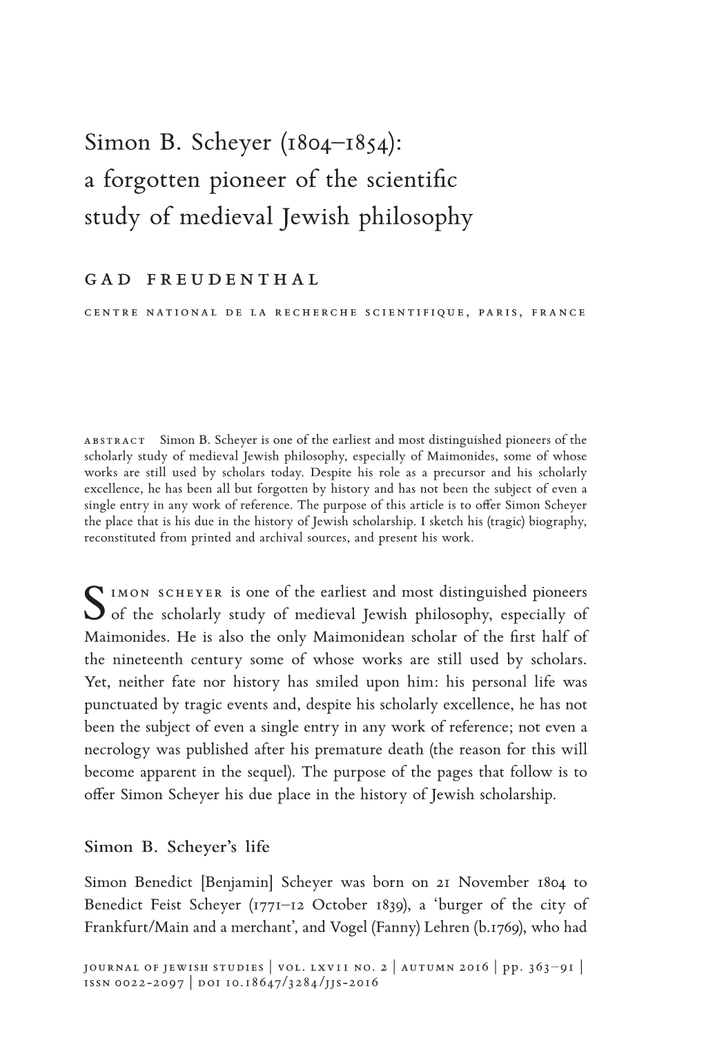Simon B. Scheyer (1804–1854): a Forgotten Pioneer of the Scientific Study of Medieval Jewish Philosophy