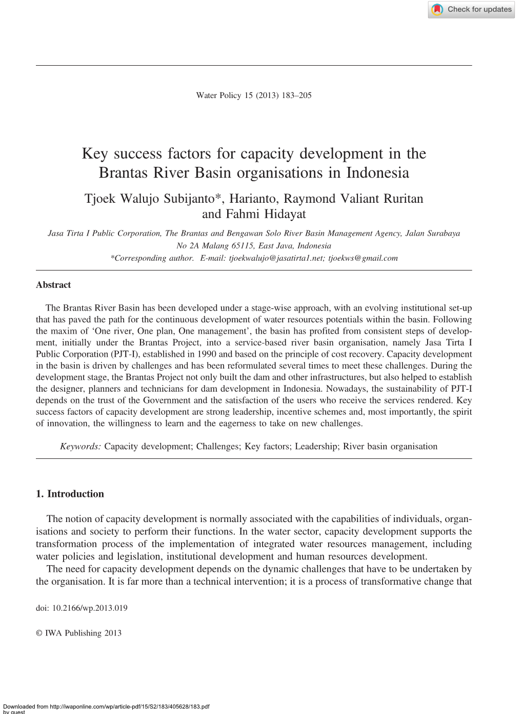 Key Success Factors for Capacity Development in the Brantas River Basin Organisations in Indonesia