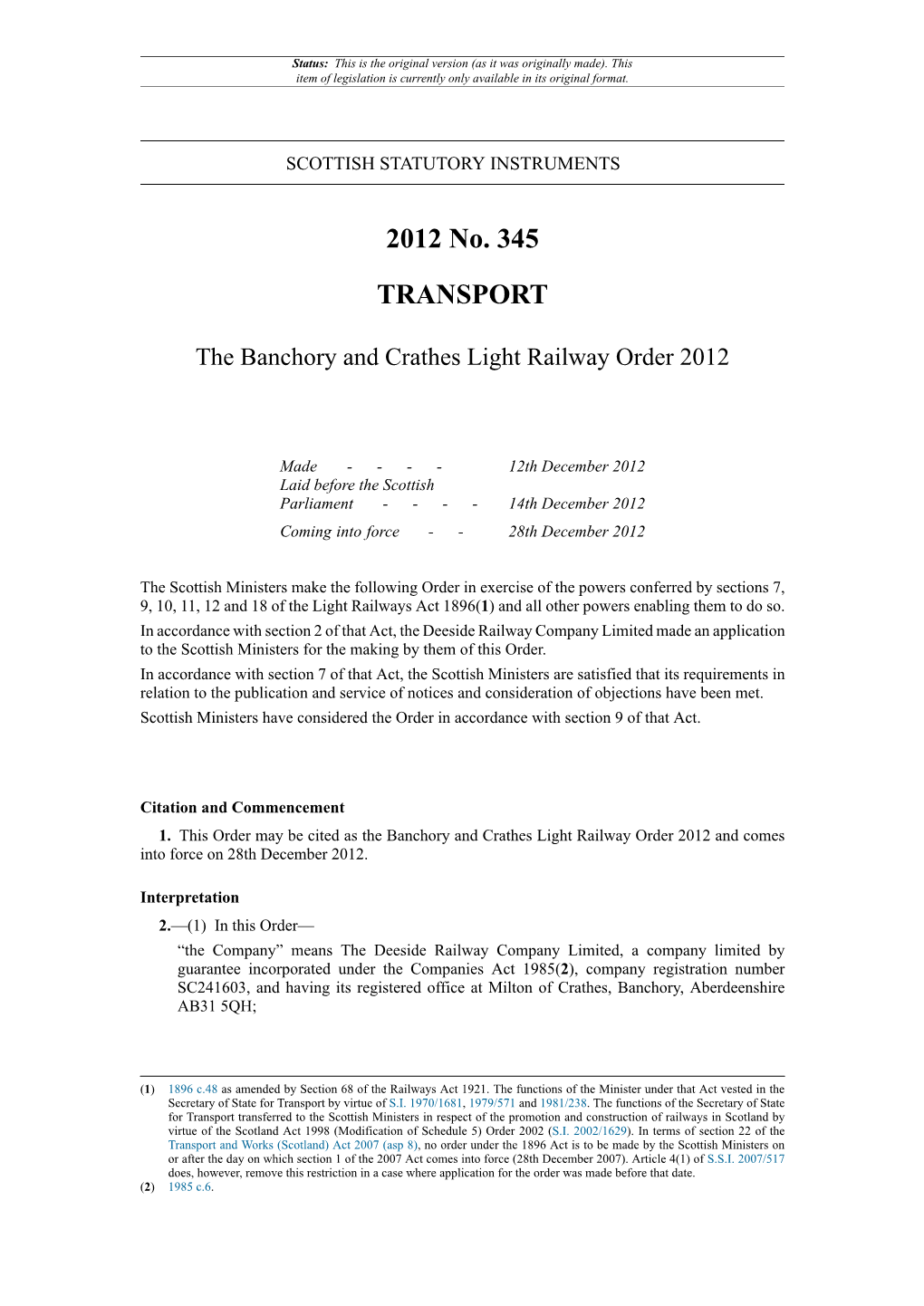 The Banchory and Crathes Light Railway Order 2012