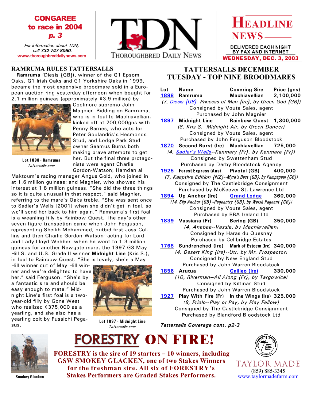 ON FIRE! FORESTRY Is the Sire of 19 Starters S 10 Winners, Including GSW SMOKEY GLACKEN, One of Two Stakes Winners TAYLOR MADE for the Freshman Sire