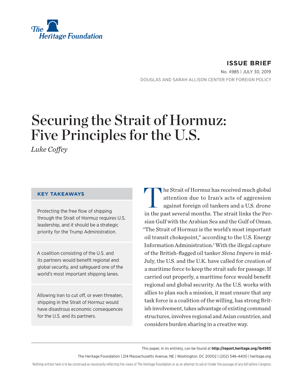 Securing the Strait of Hormuz: Five Principles for the U.S