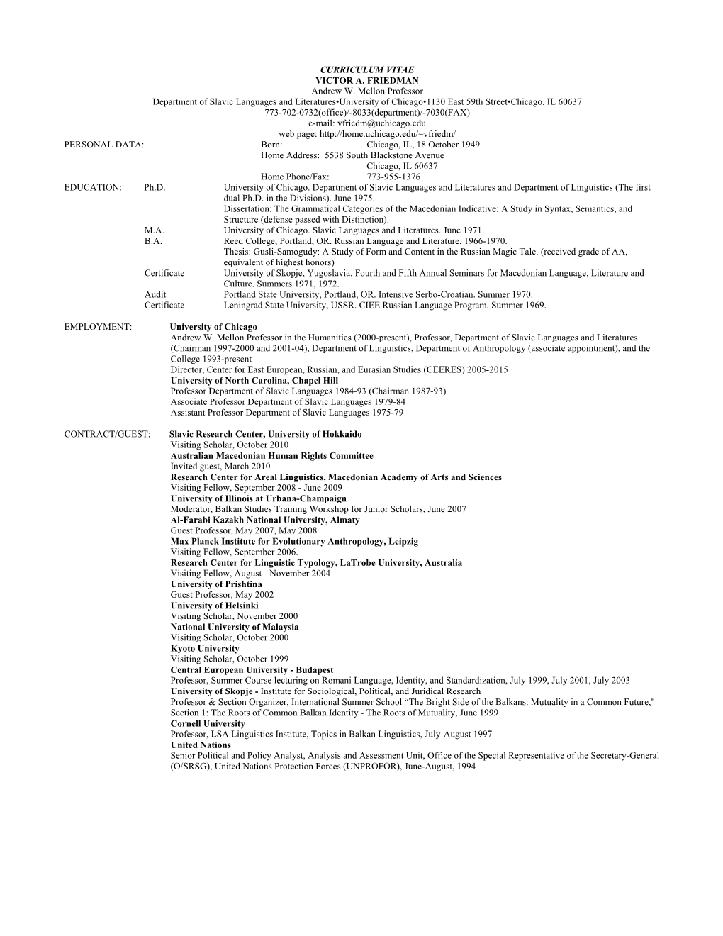 CURRICULUM VITAE VICTOR A. FRIEDMAN Andrew W. Mellon