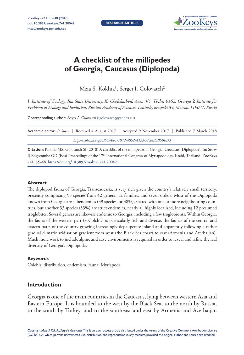 A Checklist of the Millipedes of Georgia, Caucasus (Diplopoda)