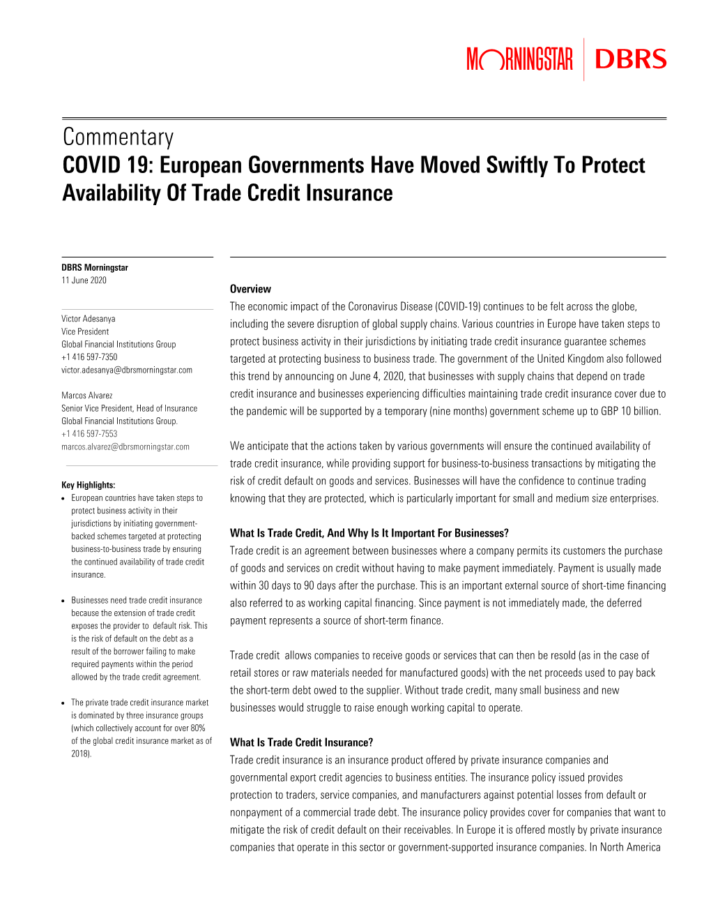 Commentary COVID 19: European Governments Have Moved Swiftly to Protect Availability of Trade Credit Insurance
