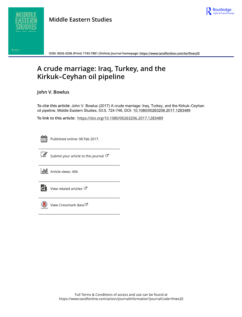 A Crude Marriage: Iraq, Turkey, and the Kirkuk-Ceyhan Oil Pipeline
