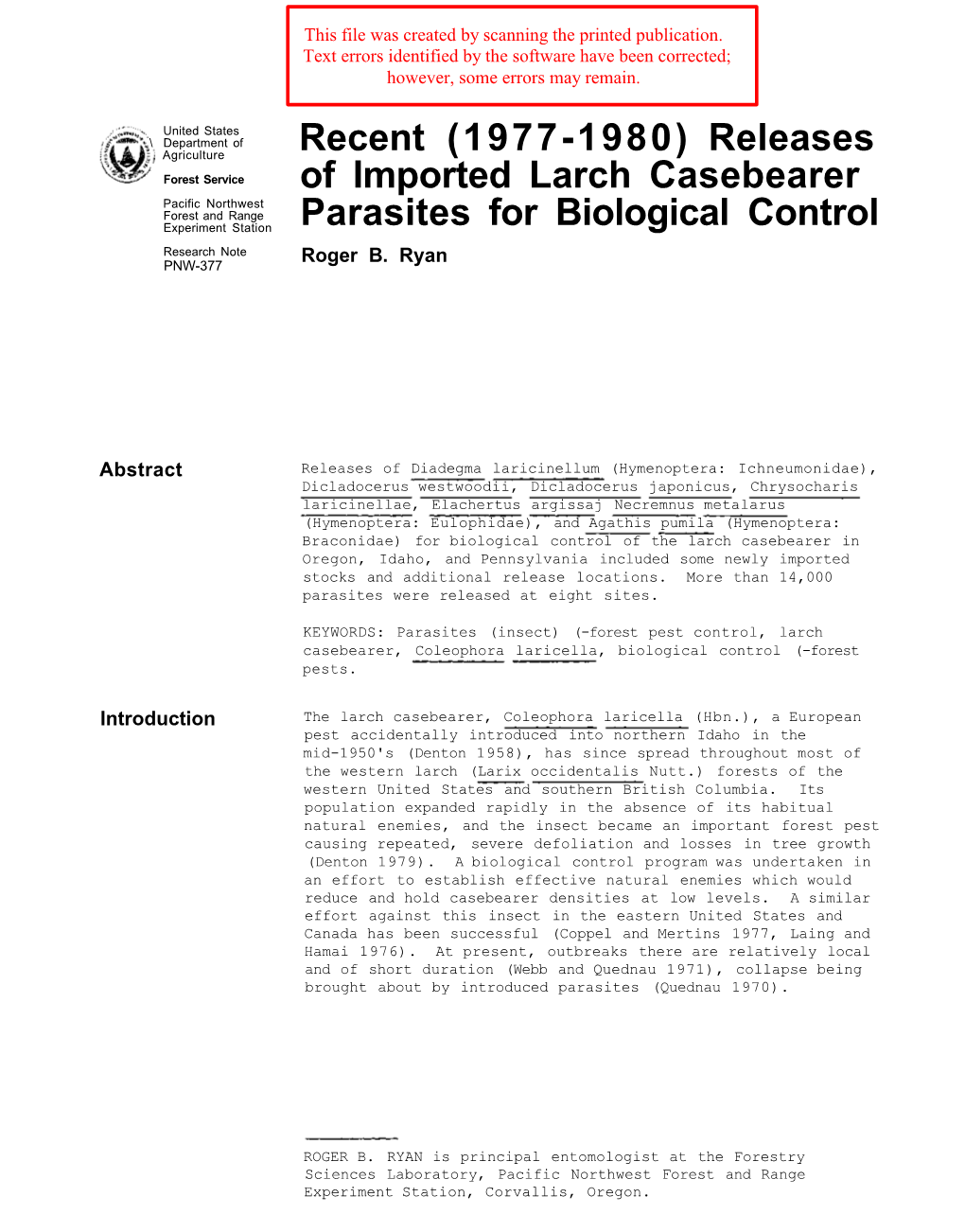 (1977-1980) Releases of Imported Larch Casebearer Parasites For